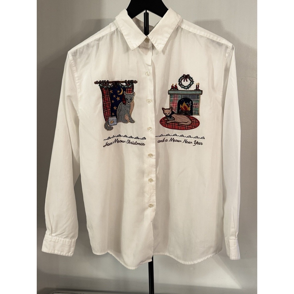 Karen Scott‎ Cat Christmas Shirt Sz M Have a Meow Christmas Button Top Holiday